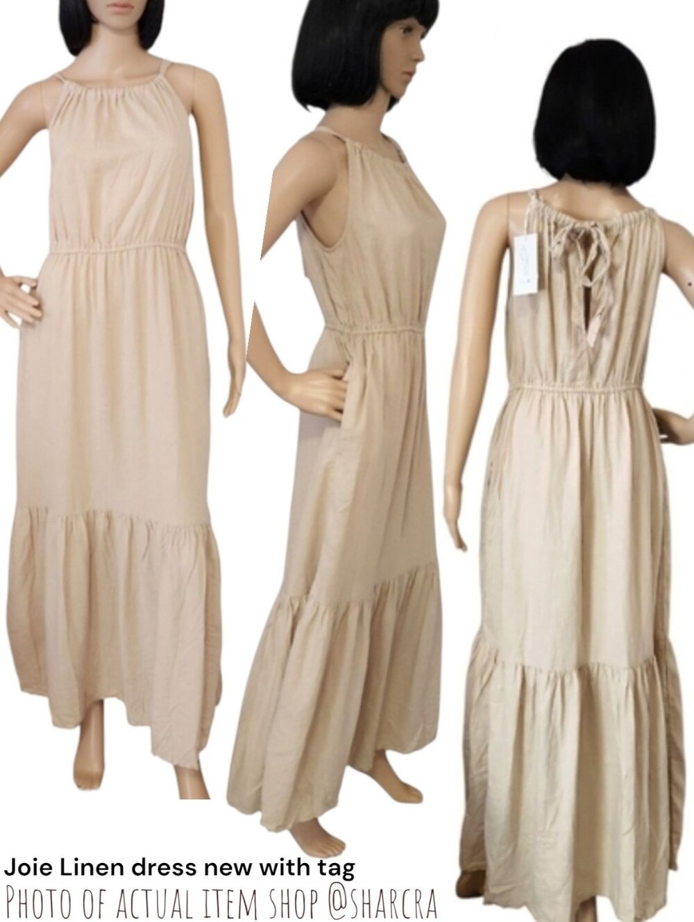 Joie Women's Beige Linen Blend adjustable Halter ruffle pocket maxi dress S New